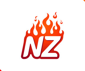 Uppercase initial logo letter NZ with blazing flame silhouette,  simple and retro style logotype for adventure and sport activity.