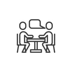 People at a table talking line icon. Dialog linear style sign for mobile concept and web design. Two people at table and speech bubble outline vector icon. symbol, logo illustration. Vector graphics