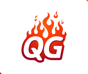Uppercase initial logo letter QG with blazing flame silhouette,  simple and retro style logotype for adventure and sport activity.
