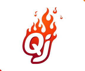 Uppercase initial logo letter QJ with blazing flame silhouette,  simple and retro style logotype for adventure and sport activity.