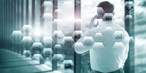 Information communication technology concept. Abstract background with icons and blurred server...