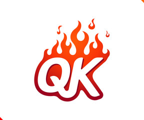 Uppercase initial logo letter QK with blazing flame silhouette,  simple and retro style logotype for adventure and sport activity.