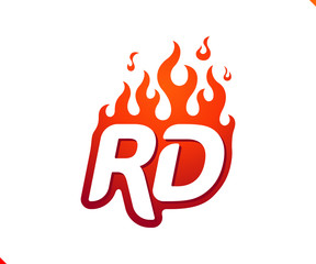 Uppercase initial logo letter RD with blazing flame silhouette,  simple and retro style logotype for adventure and sport activity.