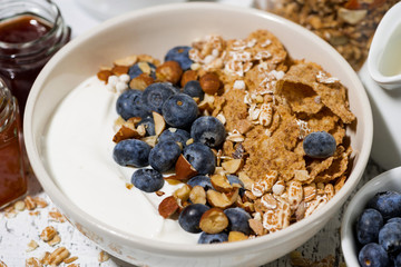 bowl of healthy wholegrain flakes, natural yogurt and fresh blueberries for breakfast, closeup