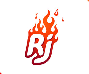 Uppercase initial logo letter RJ with blazing flame silhouette,  simple and retro style logotype for adventure and sport activity.
