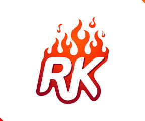 Uppercase initial logo letter RK with blazing flame silhouette,  simple and retro style logotype for adventure and sport activity.