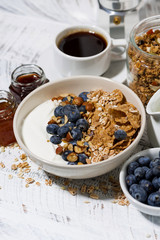 bowl of healthy wholegrain flakes, yogurt and fresh blueberries for breakfast, vertical