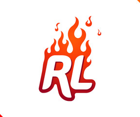 Uppercase initial logo letter RL with blazing flame silhouette,  simple and retro style logotype for adventure and sport activity.