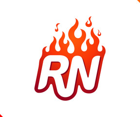 Uppercase initial logo letter RN with blazing flame silhouette,  simple and retro style logotype for adventure and sport activity.