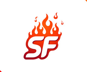 Uppercase initial logo letter SF with blazing flame silhouette,  simple and retro style logotype for adventure and sport activity.