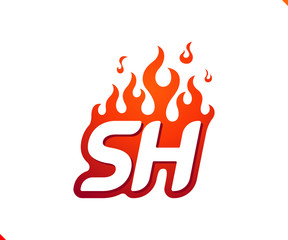 Uppercase initial logo letter SH with blazing flame silhouette,  simple and retro style logotype for adventure and sport activity.