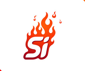 Uppercase initial logo letter SI with blazing flame silhouette,  simple and retro style logotype for adventure and sport activity.