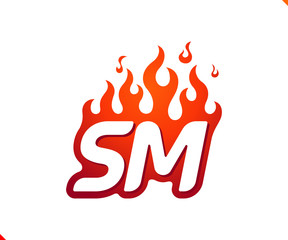 Uppercase initial logo letter SM with blazing flame silhouette,  simple and retro style logotype for adventure and sport activity.