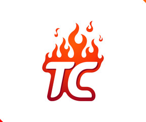 Uppercase initial logo letter TC with blazing flame silhouette,  simple and retro style logotype for adventure and sport activity.