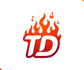 Uppercase initial logo letter TD with blazing flame silhouette,  simple and retro style logotype for adventure and sport activity.