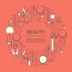 Cosmetology and fashion concept. Vector template for presentation. Circle frame with thin line icons.