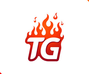 Uppercase initial logo letter TG with blazing flame silhouette,  simple and retro style logotype for adventure and sport activity.