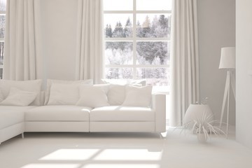 Mock up of stylish room in white color with sofa and winter landscape in window. Scandinavian interior design. 3D illustration