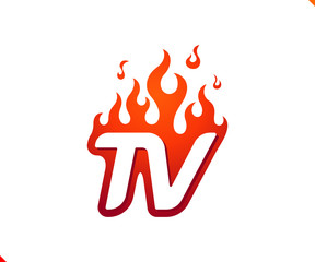 Uppercase initial logo letter TV with blazing flame silhouette,  simple and retro style logotype for adventure and sport activity.