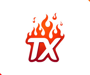 Uppercase initial logo letter TX with blazing flame silhouette,  simple and retro style logotype for adventure and sport activity.