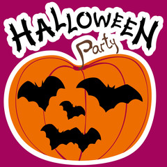 Halloween party sticker/ Illustration emblem with a pumpkin with bats like carved holes. Text by my own design