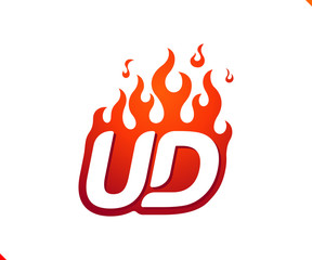 Uppercase initial logo letter UD with blazing flame silhouette,  simple and retro style logotype for adventure and sport activity.