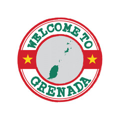 Obraz premium Vector stamp of welcome to Grenada with map outline of the nation in center.