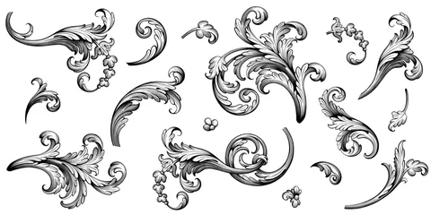 Poster Vintage Baroque Victorian frame border flower pattern vector floral engraved scroll ornament leaf retro decorative design tattoo black and white filigree calligraphic heraldic shield swirl © HiSunnySky