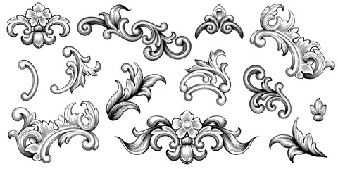 Vintage Baroque Victorian frame border flower pattern vector floral engraved scroll ornament leaf retro decorative design tattoo black and white filigree calligraphic heraldic shield swirl - obrazy, fototapety, plakaty