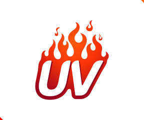 Uppercase initial logo letter UV with blazing flame silhouette,  simple and retro style logotype for adventure and sport activity.