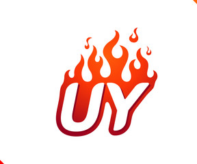 Uppercase initial logo letter UY with blazing flame silhouette,  simple and retro style logotype for adventure and sport activity.