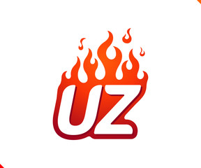 Uppercase initial logo letter UZ with blazing flame silhouette,  simple and retro style logotype for adventure and sport activity.