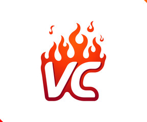 Uppercase initial logo letter VC with blazing flame silhouette,  simple and retro style logotype for adventure and sport activity.