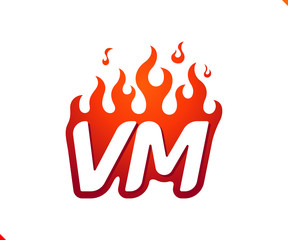 Uppercase initial logo letter VM with blazing flame silhouette,  simple and retro style logotype for adventure and sport activity.
