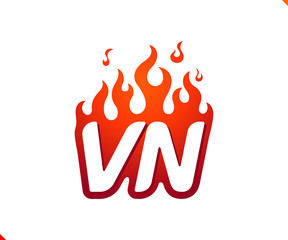 Uppercase initial logo letter VN with blazing flame silhouette,  simple and retro style logotype for adventure and sport activity.