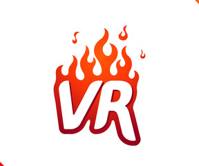 Uppercase initial logo letter VR with blazing flame silhouette,  simple and retro style logotype for adventure and sport activity.