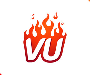 Uppercase initial logo letter VU with blazing flame silhouette,  simple and retro style logotype for adventure and sport activity.