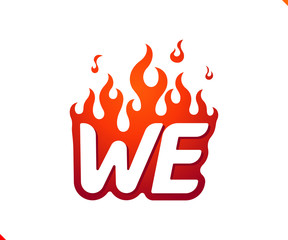 Uppercase initial logo letter WE with blazing flame silhouette,  simple and retro style logotype for adventure and sport activity.