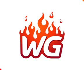 Uppercase initial logo letter WG with blazing flame silhouette,  simple and retro style logotype for adventure and sport activity.