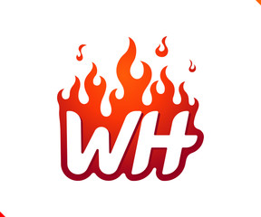 Uppercase initial logo letter WH with blazing flame silhouette,  simple and retro style logotype for adventure and sport activity.