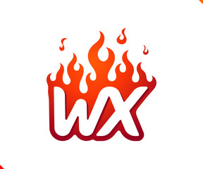 Uppercase initial logo letter WX with blazing flame silhouette,  simple and retro style logotype for adventure and sport activity.
