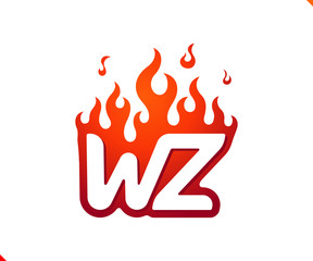 Uppercase initial logo letter WZ with blazing flame silhouette,  simple and retro style logotype for adventure and sport activity.
