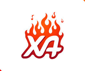 Uppercase initial logo letter XA with blazing flame silhouette,  simple and retro style logotype for adventure and sport activity.