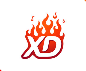Uppercase initial logo letter XD blazing flame silhouette,  simple and retro style logotype for adventure and sport activity.