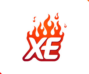 Uppercase initial logo letter XE with blazing flame silhouette,  simple and retro style logotype for adventure and sport activity.