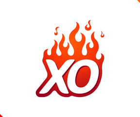 Uppercase initial logo letter XO with blazing flame silhouette,  simple and retro style logotype for adventure and sport activity.