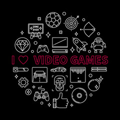 Vector I Love Video Games concept round outline illustration on dark background