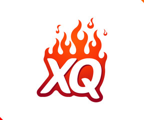 Uppercase initial logo letter XQ with blazing flame silhouette,  simple and retro style logotype for adventure and sport activity.