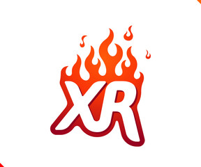 Uppercase initial logo letter XR with blazing flame silhouette,  simple and retro style logotype for adventure and sport activity.