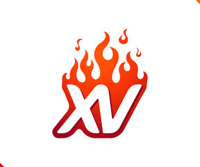 Uppercase initial logo letter XV with blazing flame silhouette,  simple and retro style logotype for adventure and sport activity.